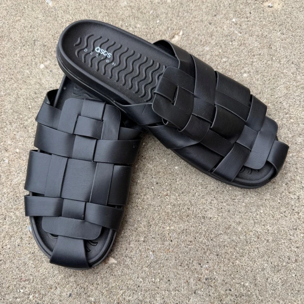 ASOS DESIGN Mens Black Woven Basketweave Slides Sandals US 12 EU 46 NEW